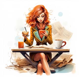 女性がコーヒーカップと本を持って幸せそうにテーブルに座っています。