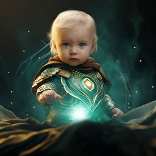 Un bambino in costume con gli occhi che brillano getta luce illusoria dorata dalle sue mani mentre combatte in una strada della città di Londra.