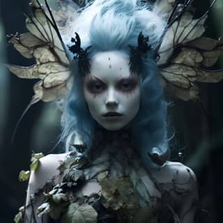 Mujer con el pelo azul y alas, un hada bonita que se encuentra en el bosque con una influencia demoníaca y de arte tradicional japonés, con el estilo de Alexander McQueen y Chris Cunningham, con rasgos faciales exagerados llamativos y colores oscuros y siniestros.