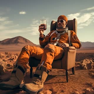 Astronaute buvant de la bière en combinaison spatiale sur Mars.