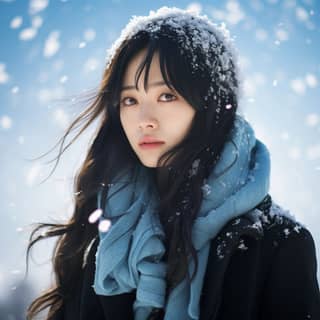 Femme de 23 ans portant un manteau d'hiver bleu ciel et une écharpe, avec de longs cheveux et des flocons de neige dans l'air.