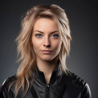 a very detailed headshot fitting all of head and hair in frame 30 year old Swedish esports star female KK