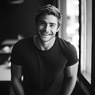 zac efron smiling and wearing a t-shirt black and white Shallow depth of field Kodak 400 film