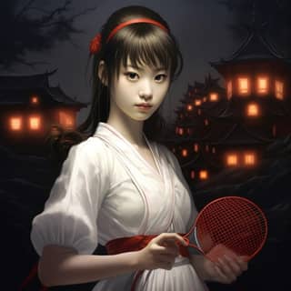 18 year old japanese girl wearing a white dress in the style of macabre illustrations she's holding an optic yellow tennis