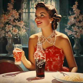 1950s coca cola ad, holding a glass of coke and a bottle of wine