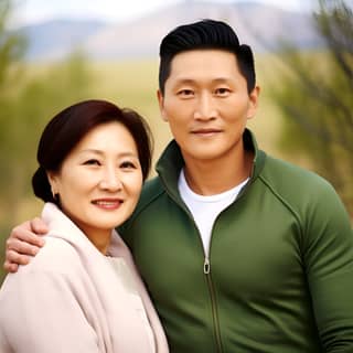 30 years old Mongolian man with 55 years old Mongolian mother in light green nature wearing modern casual shirts soft smile