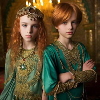 Two children in traditional clothing pose for a photo, with one wearing ornate bellydance attire and the other in a dramatic Oriental fashion.