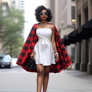 Mostrando a una mujer afroamericana en un entorno urbano de alta moda luciendo un vestido blanco y tacones rojos.