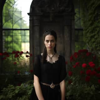 Una mujer con un vestido negro de pie frente a rosas, con un fondo de fantasía medieval oscuro.