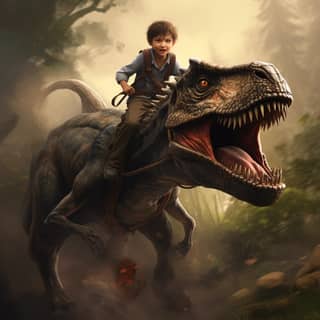 Niño de 10 años montando un dinosaurio velociraptor, a boy riding on top of a dinosaur in the woods