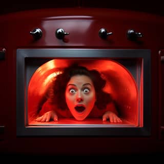 Seen from the outside is lying inside a long glowing red oven with a surprised expression