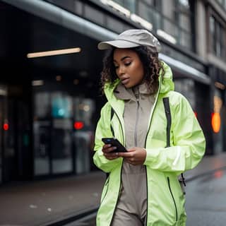 Una joven elegante de unos 25 años viste un impermeable amarillo neón y un sombrero camina por una acera cubierta de nieve mientras usa su teléfono, con farolas de Londres y pinos decorados en el fondo.