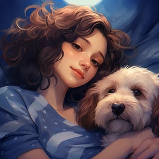 Une fille et son chien, une jolie dame qui dort sur son lit la nuit à côté de son cavoodle.