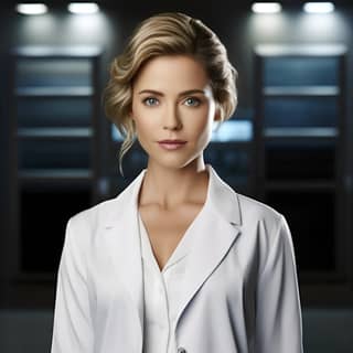 blonde woman in a white lab coat