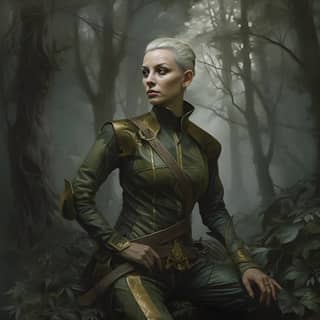 cinematic realism oil painting full body picture of an amazingly beautiful female woodelf ranger-captain with a buzzcut