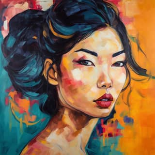 رسم بالأكريليك الملون على قماش لامرأة آسيوية جميلة.