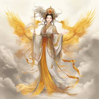 Una dama china digna y madura viste un traje tradicional con una corona de fénix y ropa dorada, de pie en una nube blanca con alas doradas.