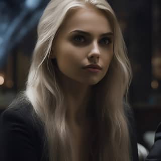 https://s mj a 28 yr old russian blonde wearing a a black leather coat and black shirt sitting down with a grimace on her