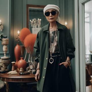 https://s mj run/52YripKc2_w 60-year-old fashion grandmother in Paris Fashion Week wearing at home photography