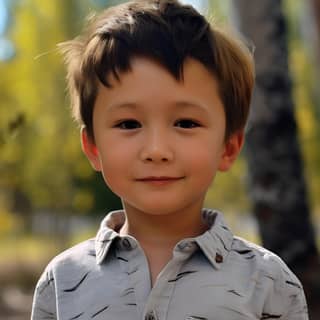 Un ragazzo sta sorridendo nel bosco con un aspetto kazako, capelli corti e castani e un viso ovale.