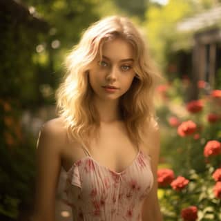 Une magnifique jeune fille posant dans un jardin, souriant timidement à la caméra.