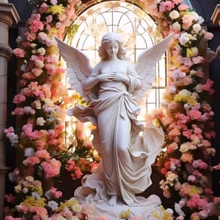 https://s mj run/p1SyzYMY06c an angel statue surrounded by flowers in the style of spectacular backdrops meticulous design