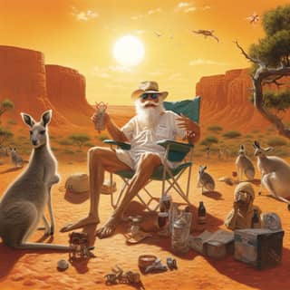 Ken Walshs Weihnachtskarte zeigt australisches Outback, Kängurus, Kola-Eidechsen und den Weihnachtsmann, der unter der heißen Sonne sitzt.