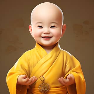 a lovely 2 year old Chinese monk chubby cute big eyes double eyelids shaved head wearing a yellow monk costume holding a