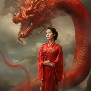 Una hermosa mujer vistiendo un qipao rojo de estilo chino con un dragón en el fondo.