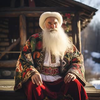 Vestito con abiti tradizionali russi, Babbo Natale rumeno siede vicino a un monastero dipinto moldavo in costume tradizionale rumeno.