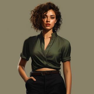 امرأة طويلة بشعر بني قصير مجعد في قميص أخضر وبنطلون أسود.