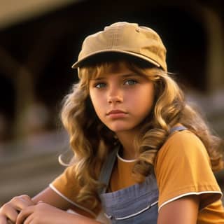 Chica con overol y gorra de béisbol, reminiscente de Tatum O'Neil en Los Larguiruchos.