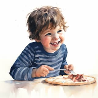 Un allegro bambino di tre anni con capelli castani e occhi marroni sta spalmare salsa di pomodoro su una pizza in cucina.