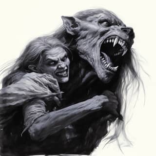 vampire biting into the shoulder of a werewolf black and white