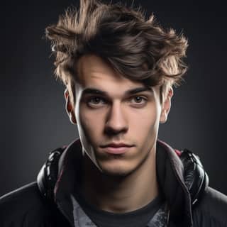 Jogador de esportes eletrônicos masculino americano de 22 anos, com cabelo bagunçado. Um retrato detalhado capturando toda a cabeça e cabelos do sujeito dentro do enquadramento.