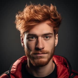 Rossa e barbuta, primo piano dettagliato del giocatore di esports americano di 25 anni, maschio DSN.