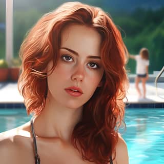 امرأة جميلة بجانب حمام السباحة بأسلوب شاب وحيوي.