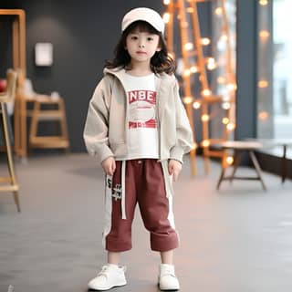 1018 summer children girl girls jacket jacket sweater kid set in the style of light beige and maroon forced perspective