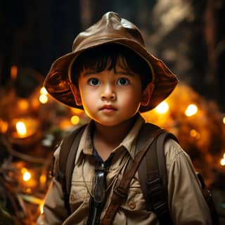 a 3 yo chinese cute boy as Indiana Jones in Raiders of the Lost Ark adventure fantasy mayan pyramids jungle photo-realistic
