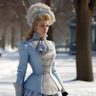 1888年の寒さと日差しのある日に、ヴィクトリア朝の冬のドレスを着た若い女性が雪の降る公園を歩いています。