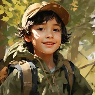 An 8-year-old boy with dark very short almost no hair Kazakh appearance in hiking clothes with a cap on his head he walks