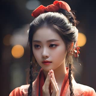 Belle fille chinoise en Hanfu de soie, avec de grandes et exquises traits du visage, une expression douce et des mains pliées en prière.