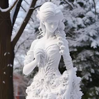 Snow park evening a statue of wearing a wedding dress made of snow real and beautiful