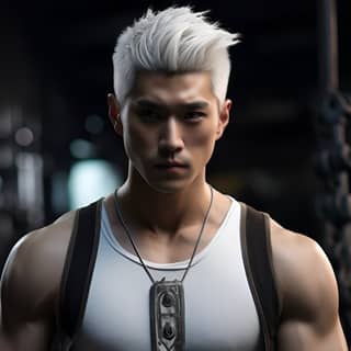 Tough guy abs white hair age around 25 tall build Chinese clear facial features Chest Shot(MCU)