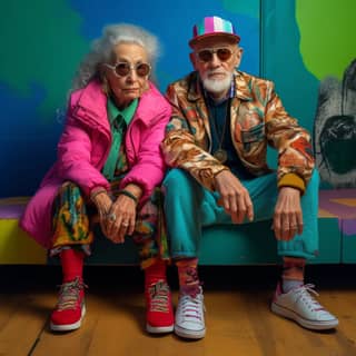 an elderly couple chic model dans un mystérieux entroi coloré on a squat board with colorful teenage clothes totally quirky