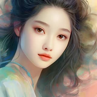 Une superbe fille chinoise dans un style impressionniste cyber silverpoint avec une palette de couleurs comprenant des bleus néon, des roses et des verts, ainsi que des tons pastel doux et des détails hyper réalistes.