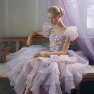 Una ballerina si siede su due sedie nello stile del pioniere della fotografia a colori, con costumi tradizionali e tessuti trasparenti.