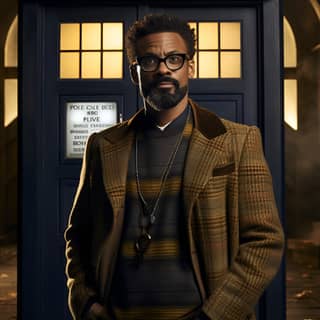 a black with with greying facial hair stands in front of the tardis from doctor who he has a mustard and tan checkered suit