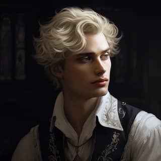 fantasy male short blonde hair red eyes Victorian, with blonde hair and a white shirt