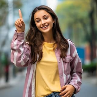 Un étudiant diplômé indien pointant quelque chose, une belle femme avec une expression heureuse et confiante, portant des vêtements décontractés et formels, marchant dans la rue avec des cheveux noirs raides. Pas de cheveux bouclés ou emmêlés à l'intérieur. Portrait d'affaires et lumière claire, pris avec un Canon 5d Mark IV.